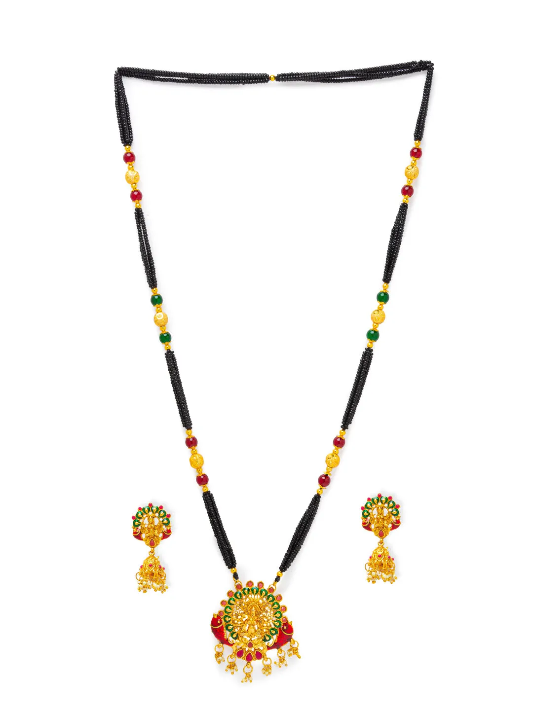 Digital Dress Room One Gram Gold Plated Maharashtrian Long Mangalsutra set with Earrings मंगलसूत्र Tanmaniya/Long Gold Chain/Black Beads Laxmi Pendant New Mangalsutra Designs For Women (41 Inches)