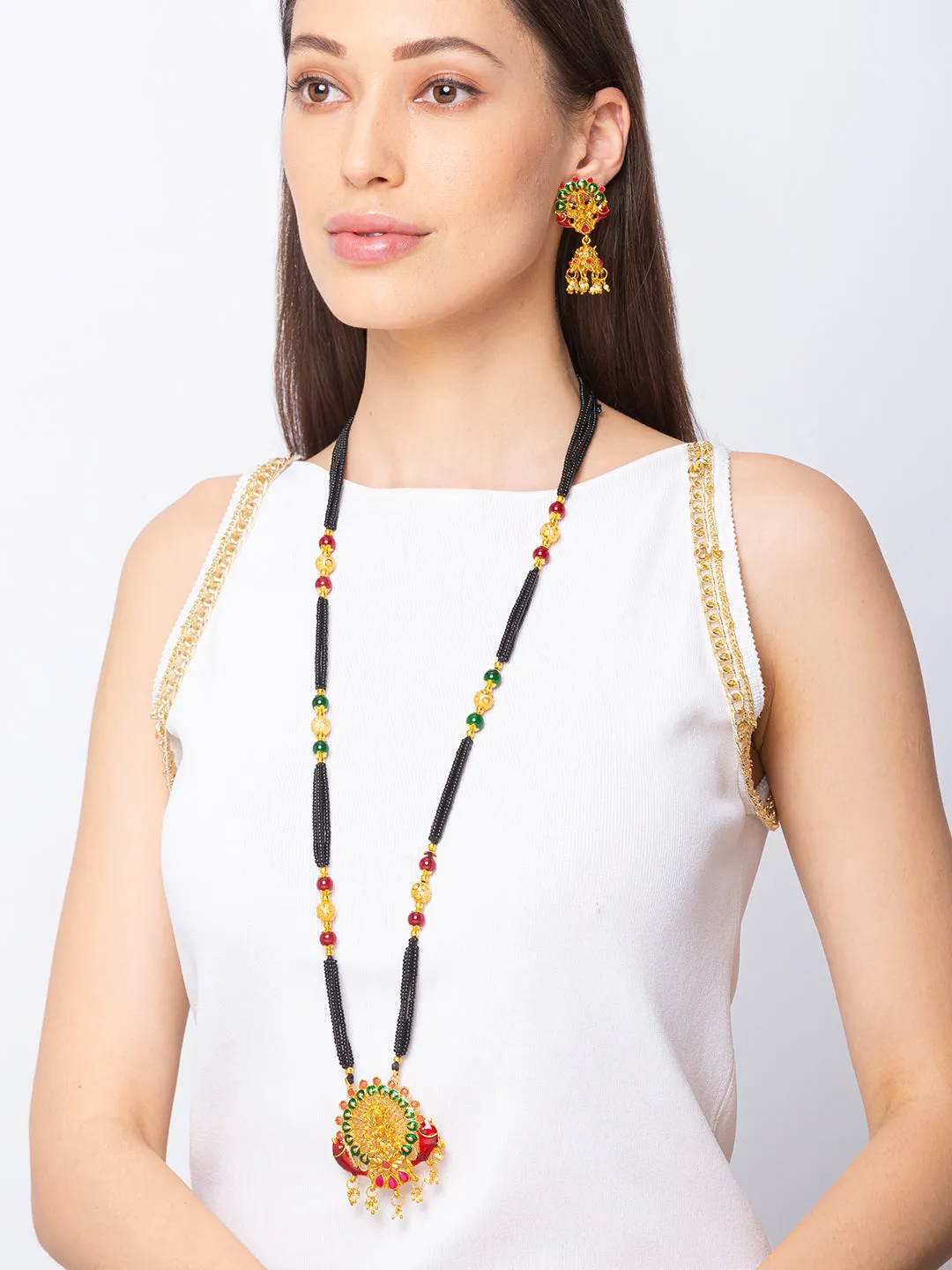 Digital Dress Room One Gram Gold Plated Maharashtrian Long Mangalsutra set with Earrings मंगलसूत्र Tanmaniya/Long Gold Chain/Black Beads Laxmi Pendant New Mangalsutra Designs For Women (41 Inches)