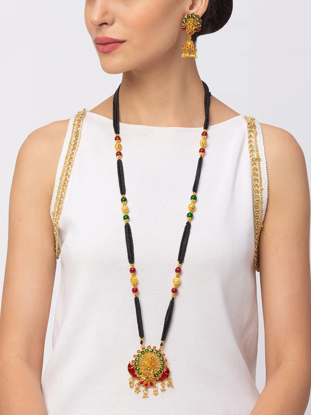 Digital Dress Room One Gram Gold Plated Maharashtrian Long Mangalsutra set with Earrings मंगलसूत्र Tanmaniya/Long Gold Chain/Black Beads Laxmi Pendant New Mangalsutra Designs For Women (41 Inches)