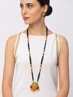 Digital Dress Room One Gram Gold Plated Maharashtrian Long Mangalsutra set with Earrings मंगलसूत्र Tanmaniya/Long Gold Chain/Black Beads Laxmi Pendant New Mangalsutra Designs For Women (41 Inches)