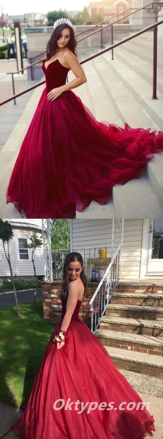 Elegant Red Velvet Top Tulle Bottom Sweetheart A-Line Long Prom Dresses,PDS0417
