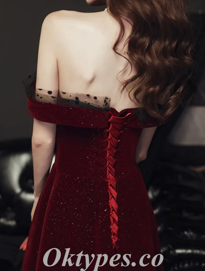 Elegant Velvet Off Shoulder Sleeveless Lace Up Back A-Line Long Prom Dresses ,PDS0693
