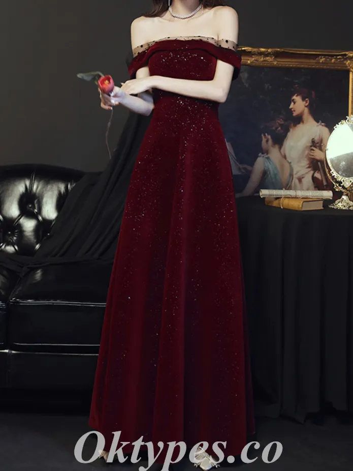 Elegant Velvet Off Shoulder Sleeveless Lace Up Back A-Line Long Prom Dresses ,PDS0693