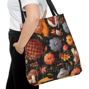 Fall Pumpkins and Pies on Black Background Large Tote Bag - Festive Autumn-Inspired Accessory