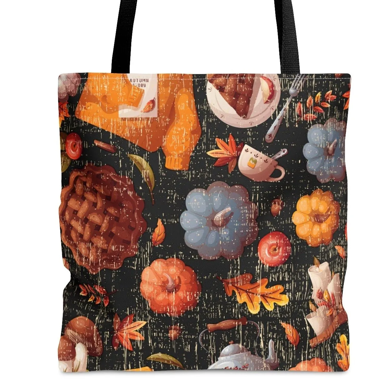 Fall Pumpkins and Pies on Black Background Large Tote Bag - Festive Autumn-Inspired Accessory
