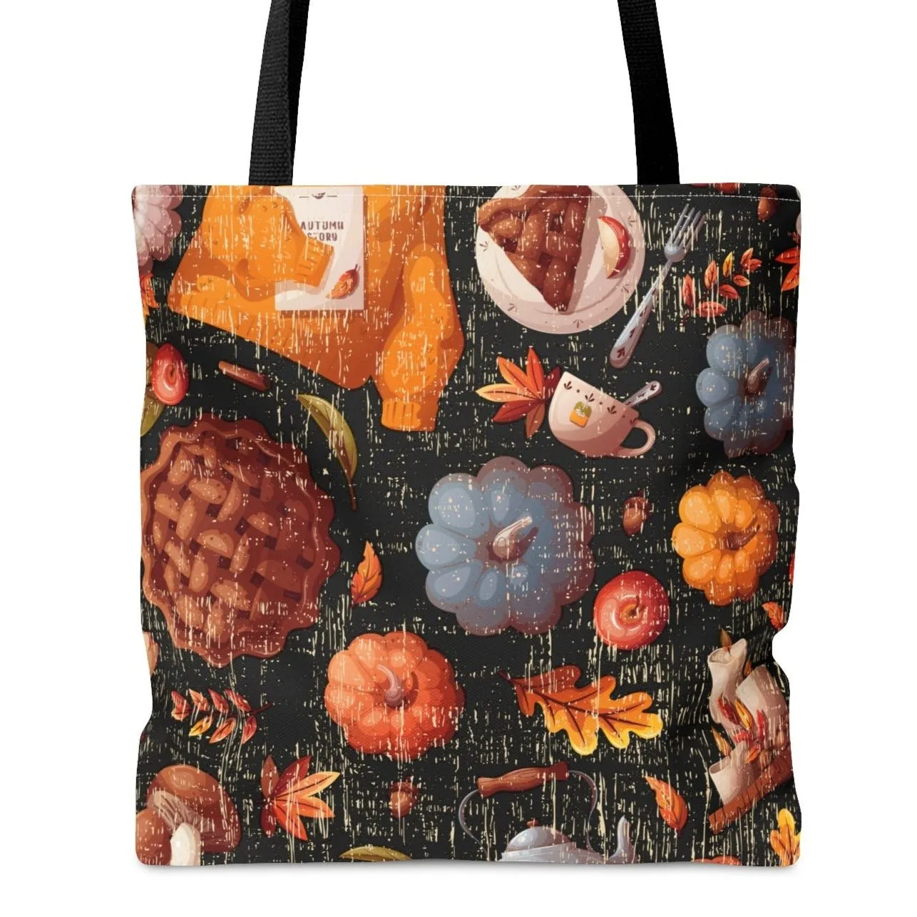 Fall Pumpkins and Pies on Black Background Large Tote Bag - Festive Autumn-Inspired Accessory