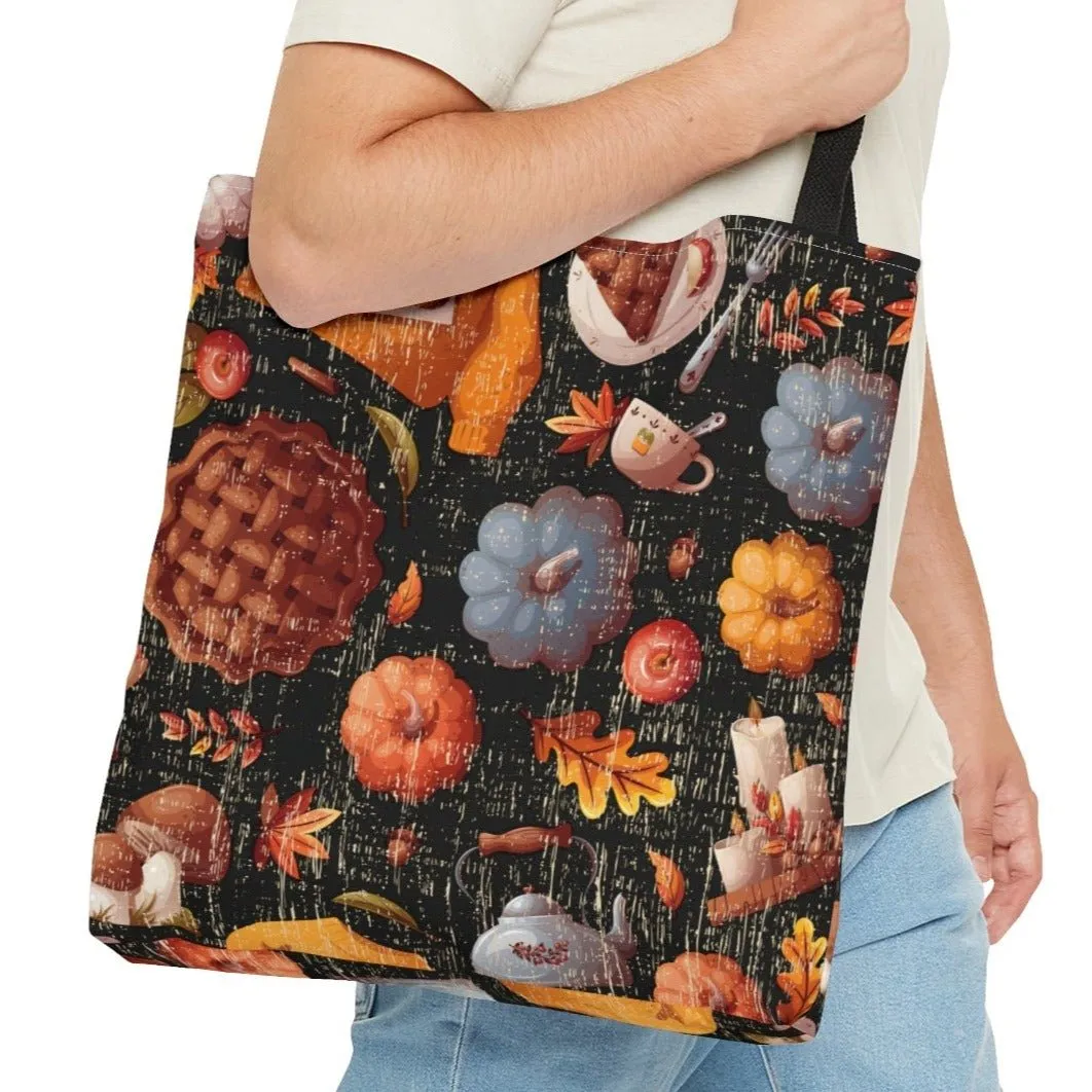 Fall Pumpkins and Pies on Black Background Large Tote Bag - Festive Autumn-Inspired Accessory