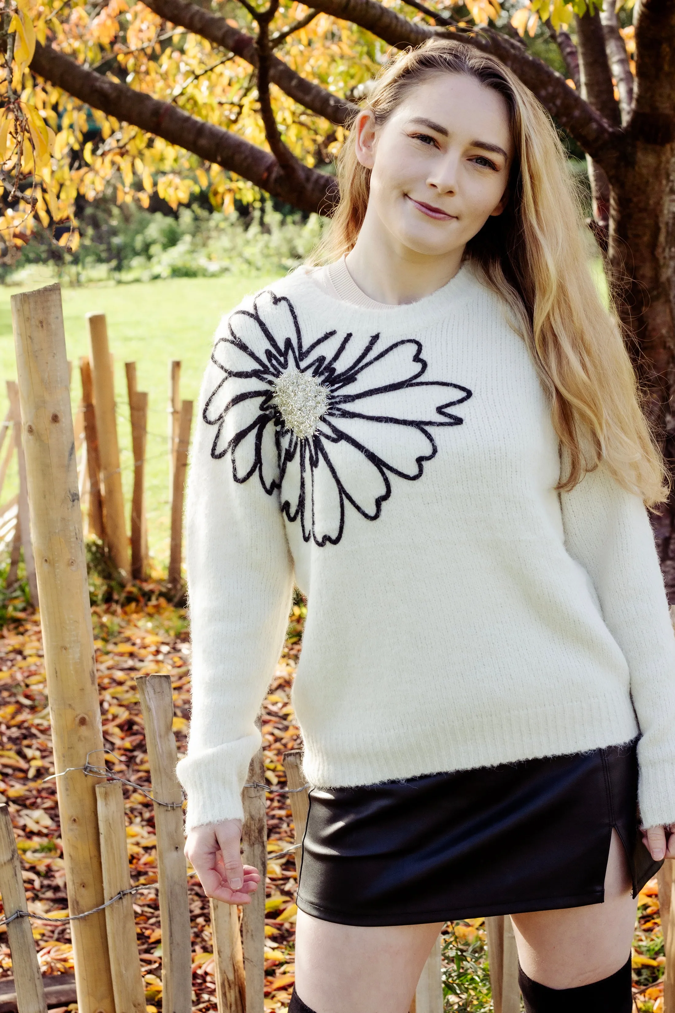 Flower Outline Shoulder Detail Jumper