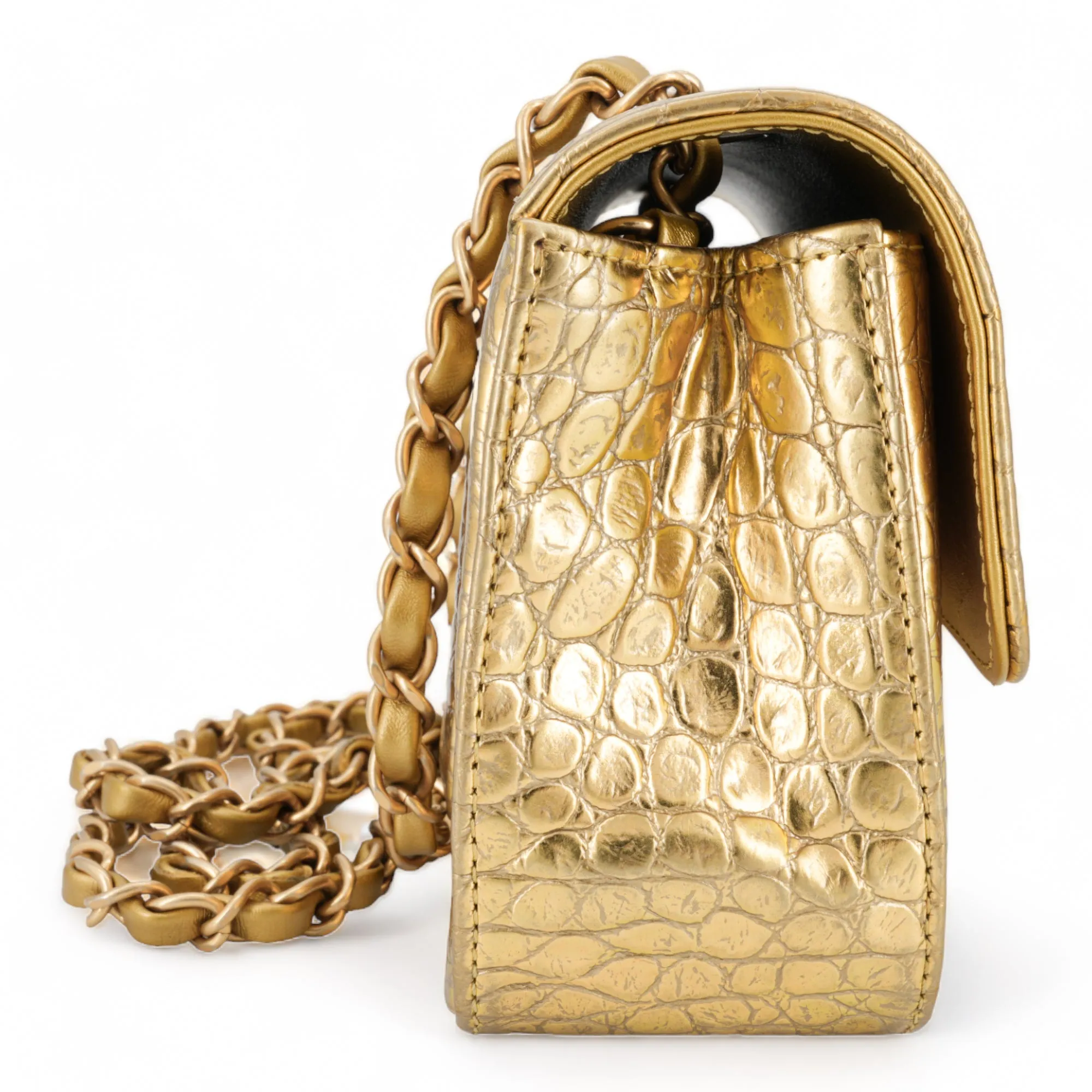 Gold Croc Embossed Calfskin Mini Rectangular Flap Bag