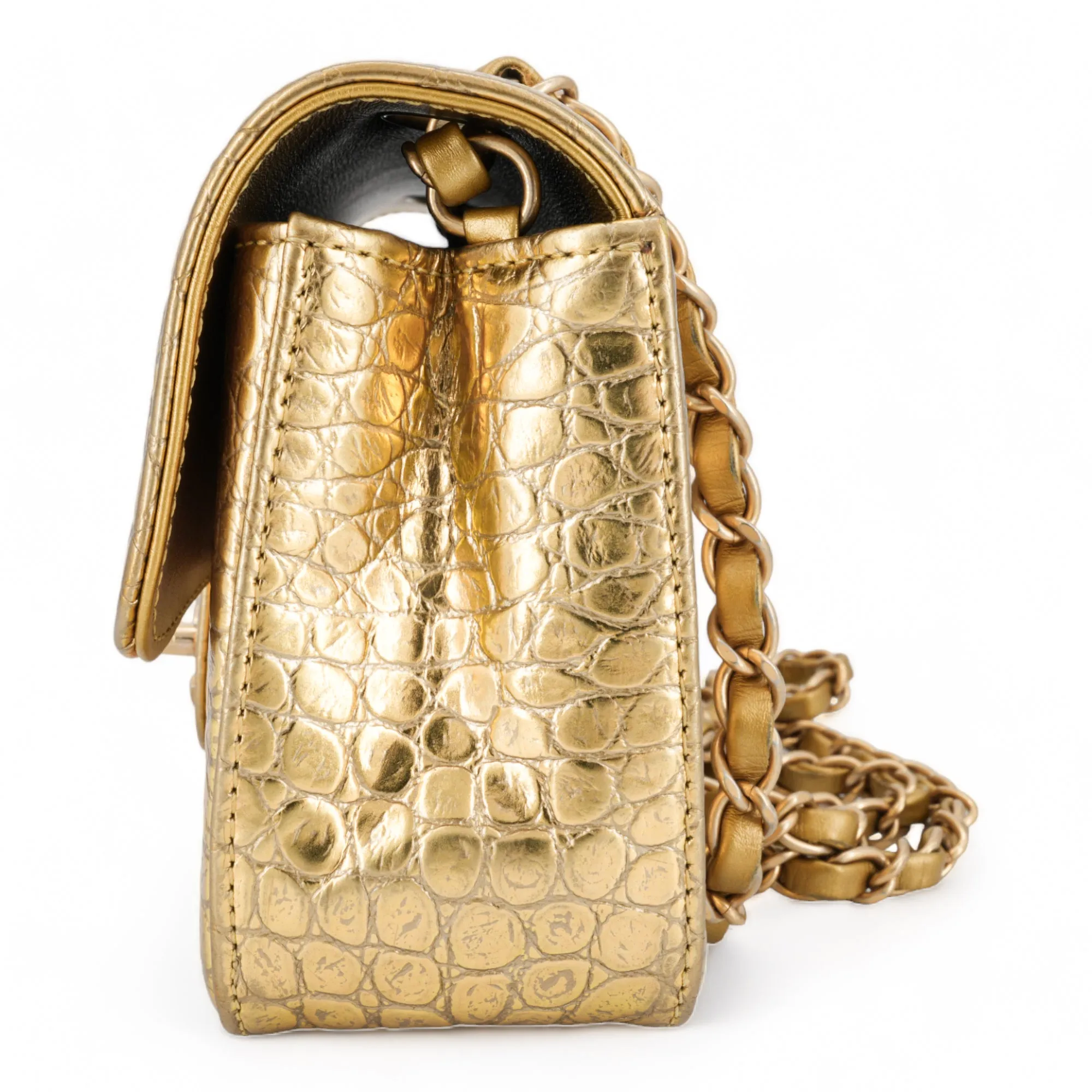 Gold Croc Embossed Calfskin Mini Rectangular Flap Bag
