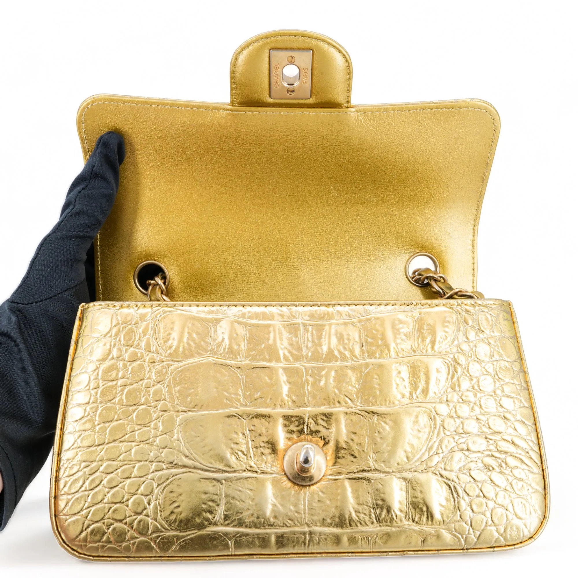 Gold Croc Embossed Calfskin Mini Rectangular Flap Bag