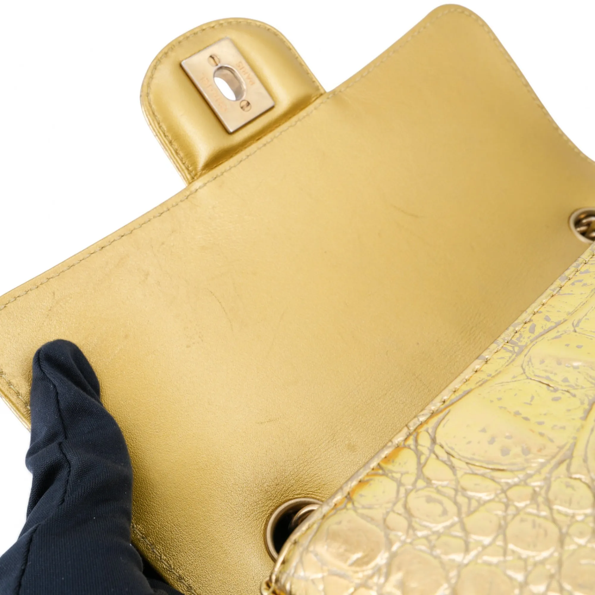 Gold Croc Embossed Calfskin Mini Rectangular Flap Bag