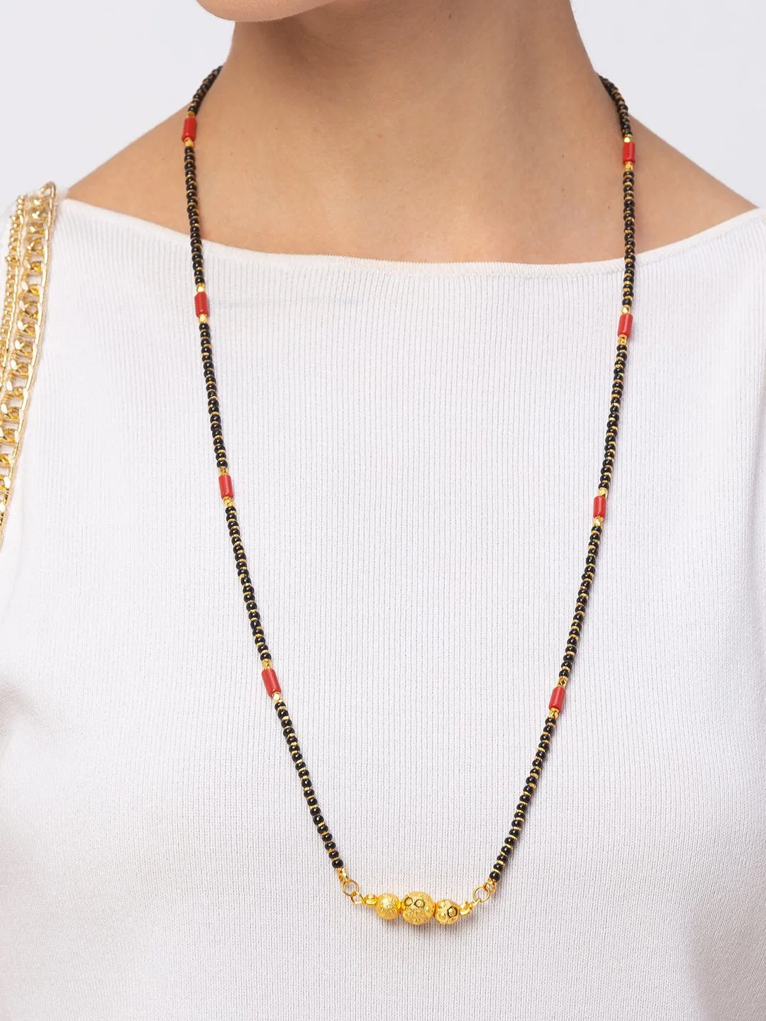 Gold Plated Long Mangalsutra Latest Design Tanmaniya/Long Gold Chain/Black Red Beads (28 Inch)