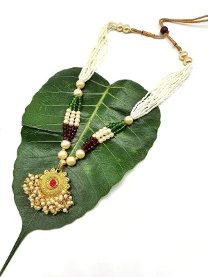 Gold Plated Necklace with Designer Pendant Pink Stone Multicolor White Pearl Bead Mala Necklace