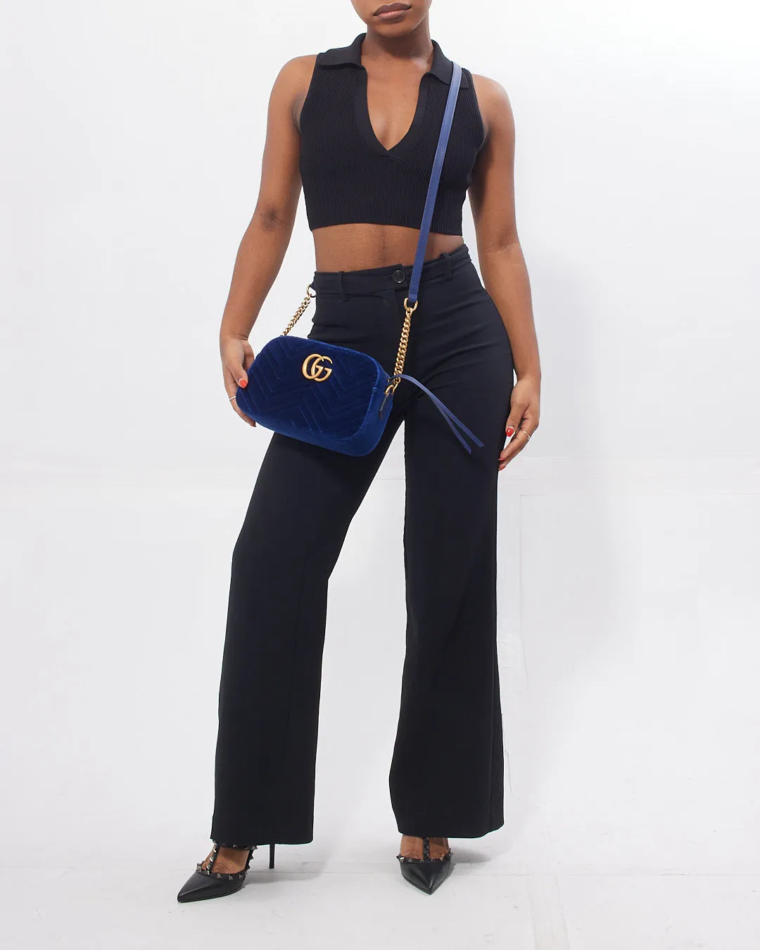 Gucci Blue Velvet GG Marmont Matelasse Chevron Small Camera Bag