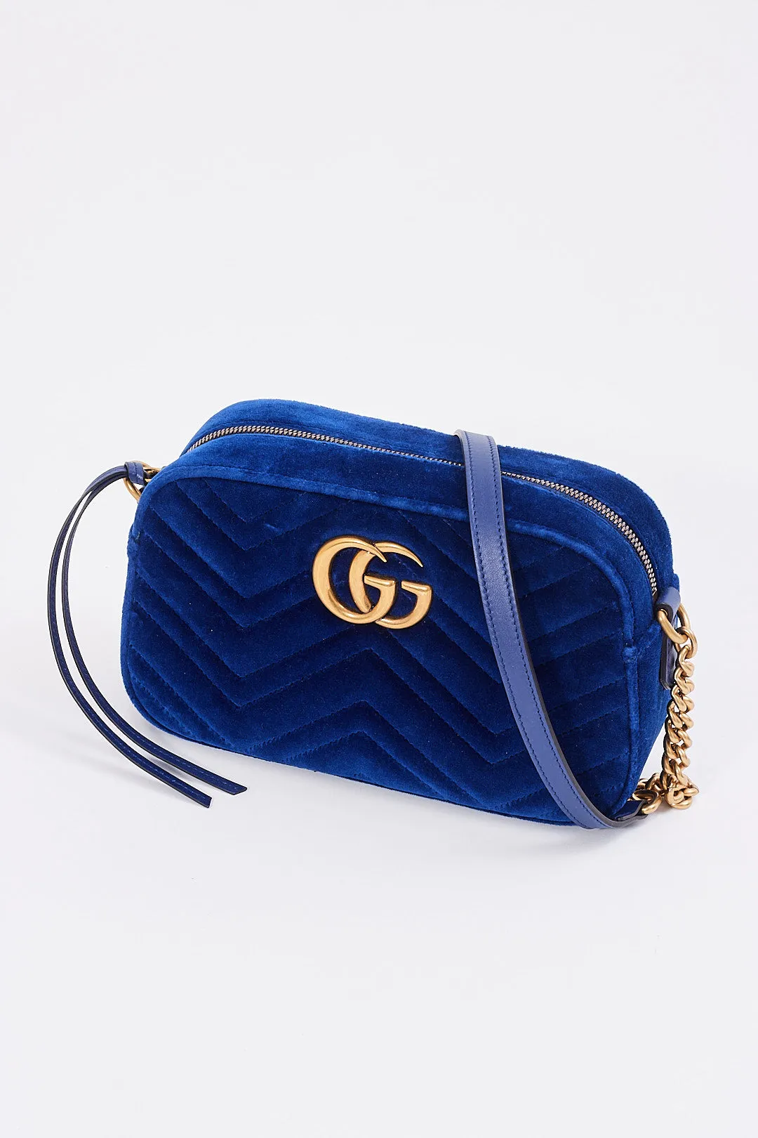 Gucci Blue Velvet GG Marmont Matelasse Chevron Small Camera Bag