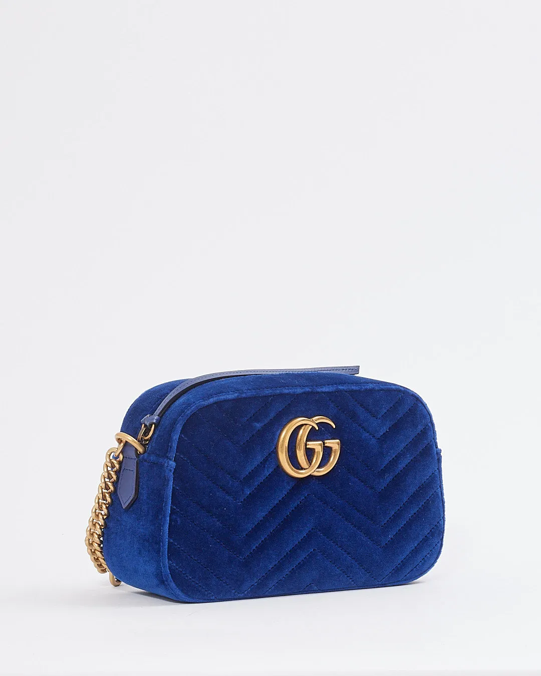 Gucci Blue Velvet GG Marmont Matelasse Chevron Small Camera Bag
