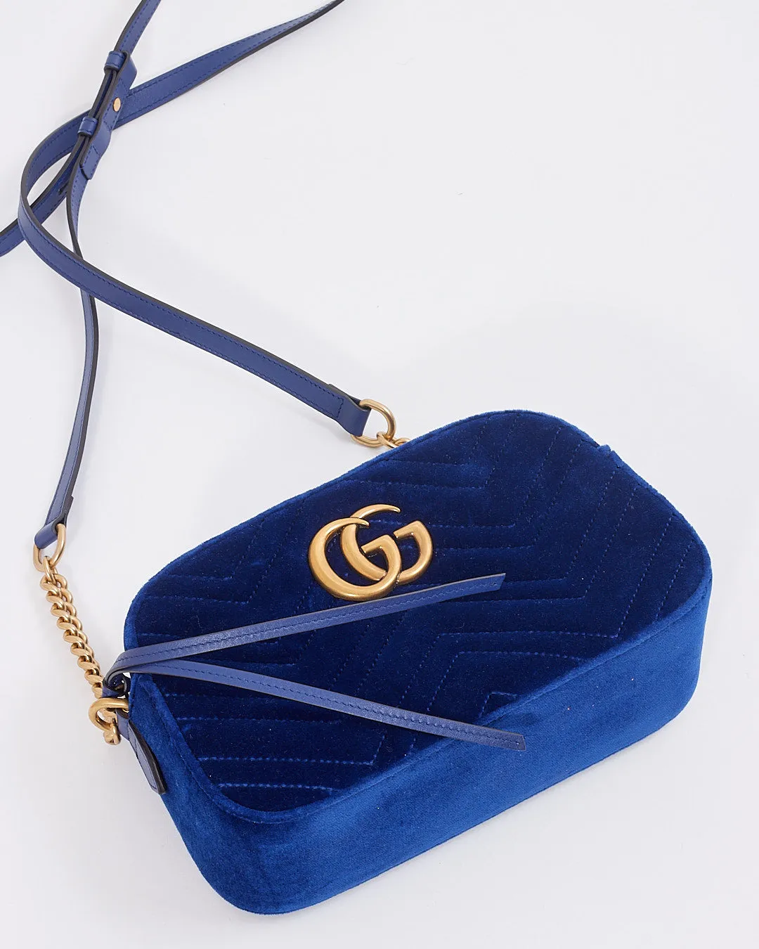 Gucci Blue Velvet GG Marmont Matelasse Chevron Small Camera Bag
