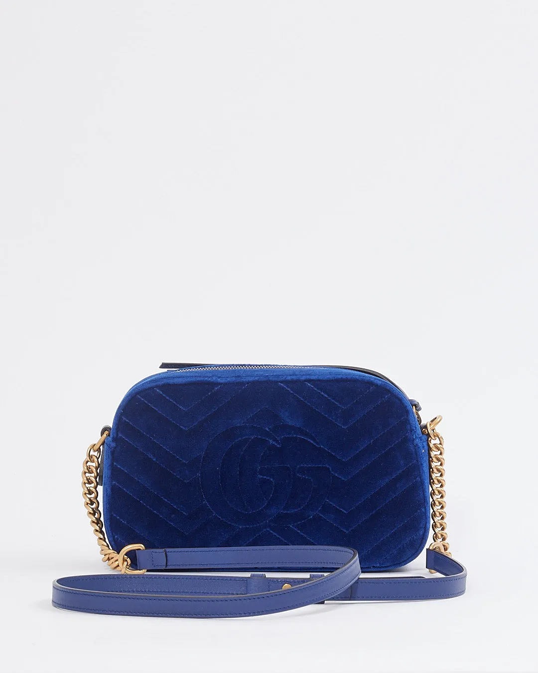 Gucci Blue Velvet GG Marmont Matelasse Chevron Small Camera Bag