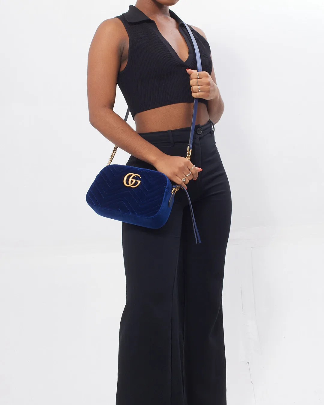 Gucci Blue Velvet GG Marmont Matelasse Chevron Small Camera Bag
