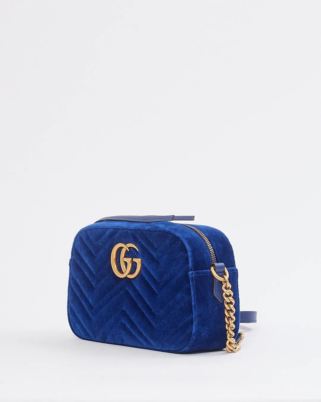 Gucci Blue Velvet GG Marmont Matelasse Chevron Small Camera Bag