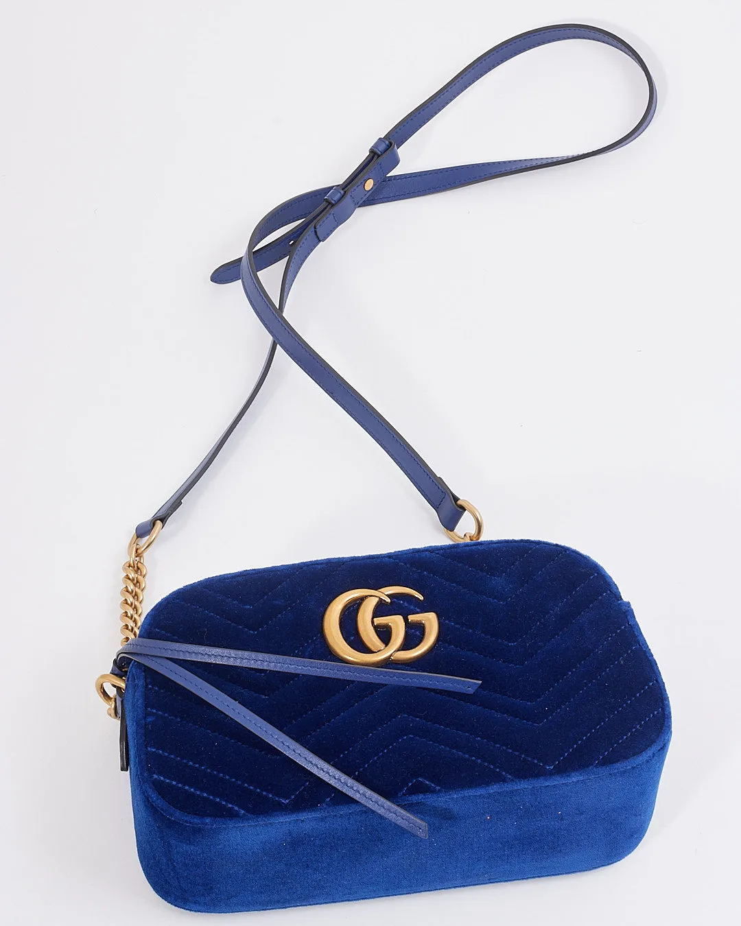 Gucci Blue Velvet GG Marmont Matelasse Chevron Small Camera Bag