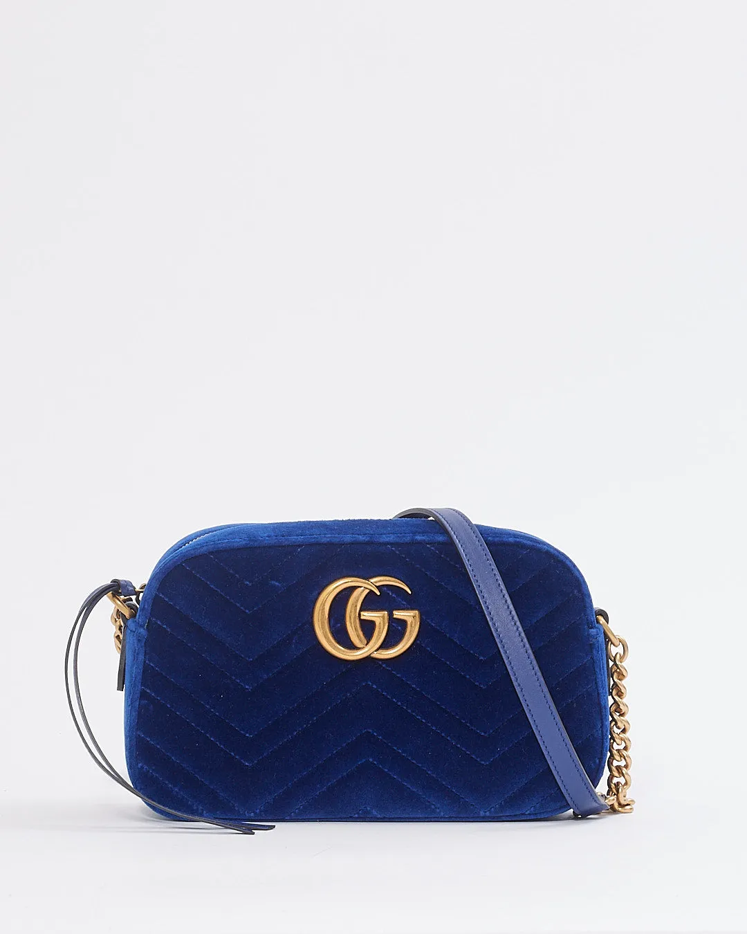 Gucci Blue Velvet GG Marmont Matelasse Chevron Small Camera Bag