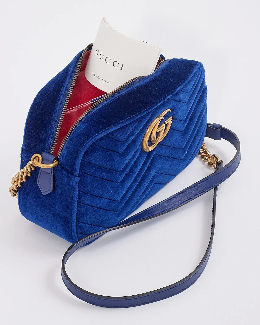 Gucci Blue Velvet GG Marmont Matelasse Chevron Small Camera Bag