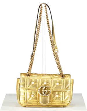 Gucci Metallic Matelasse Studded Mini Pearly Gg Marmont Shoulder Bag Gold