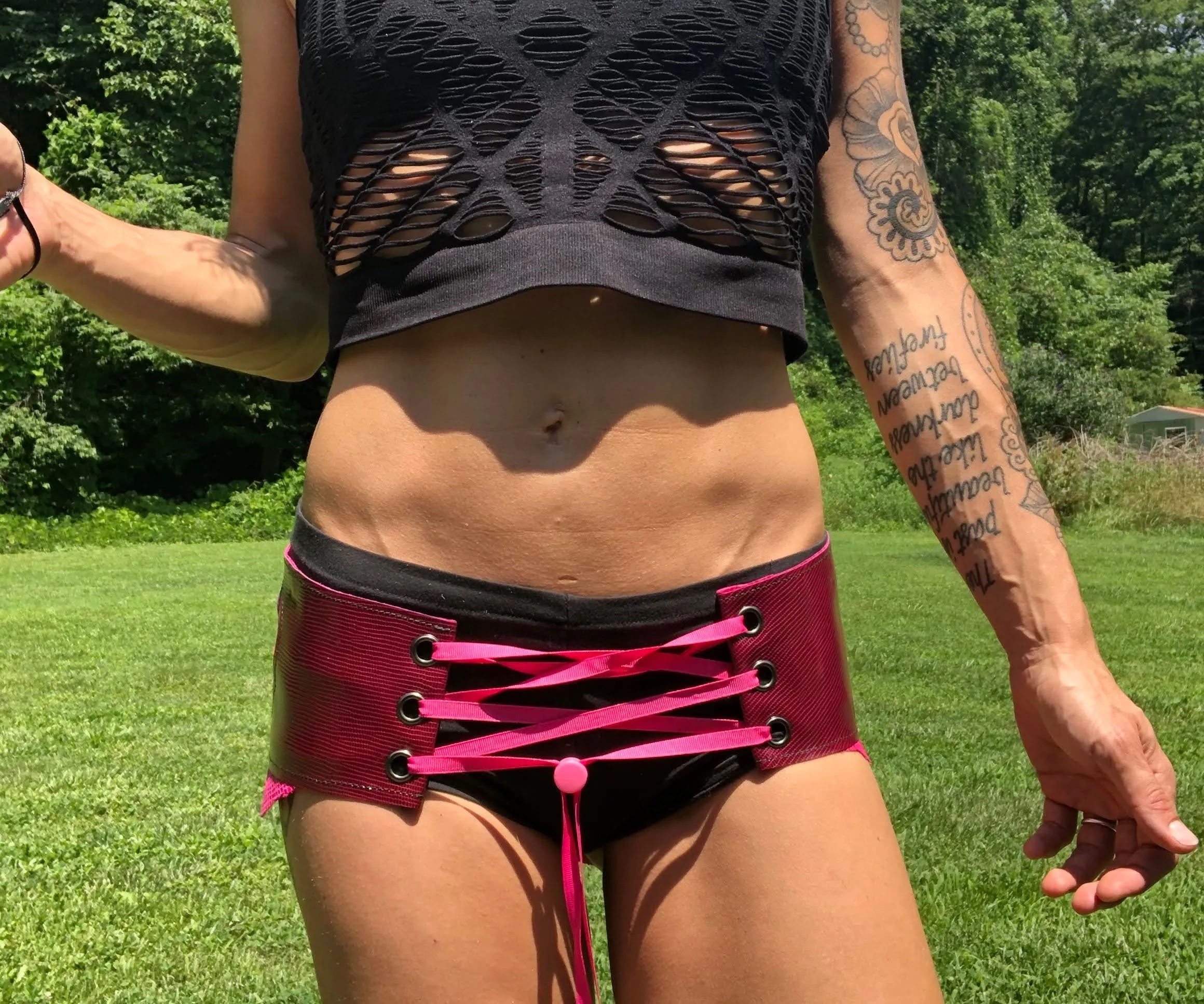 Handmade Pink & Maroon Leather Applique Corset Belt, Perfect for any dance festival with a boho vibe.
