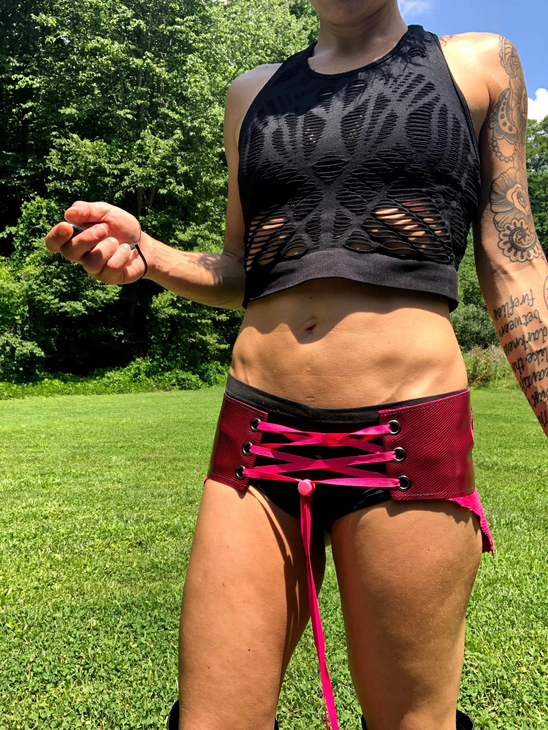 Handmade Pink & Maroon Leather Applique Corset Belt, Perfect for any dance festival with a boho vibe.