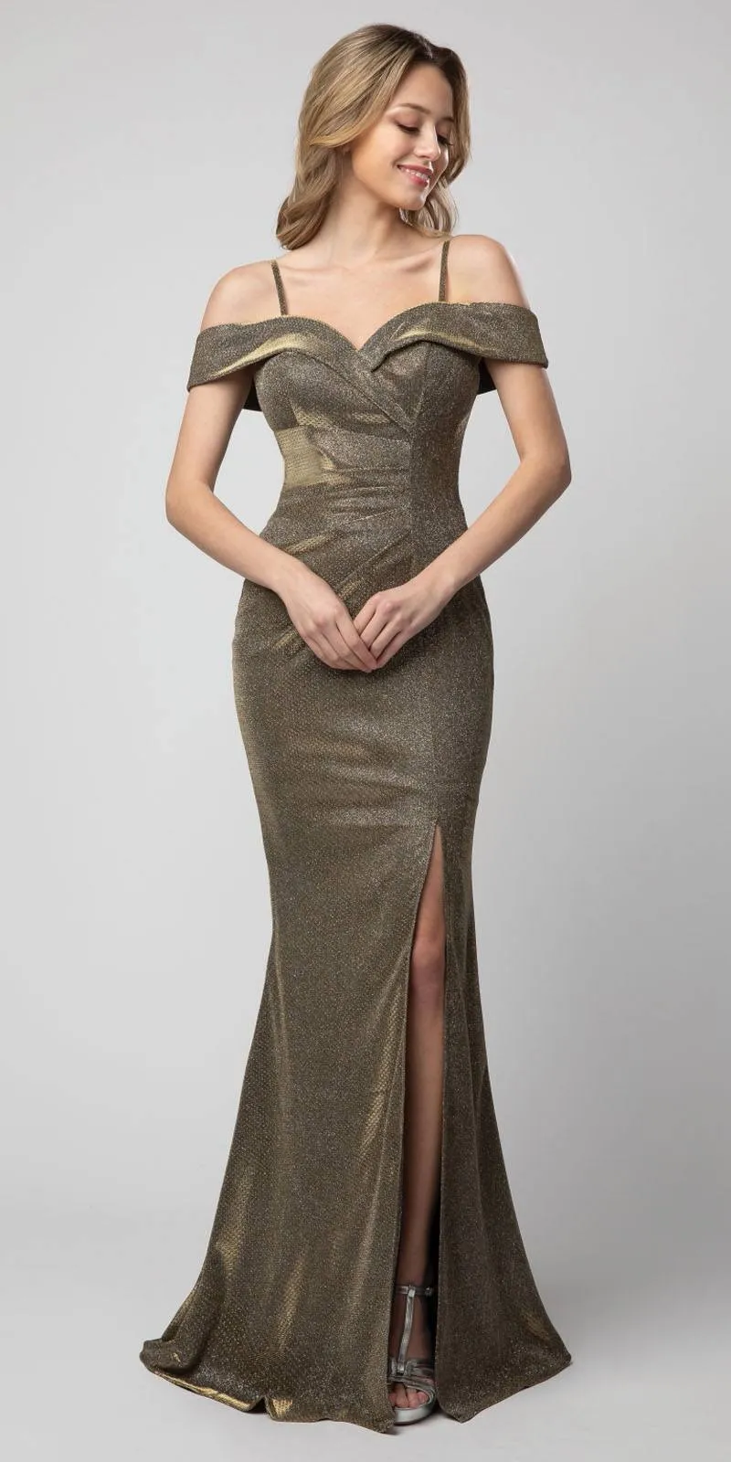 Juno 940 Cold-Shoulder Metallic Long Mermaid Dress