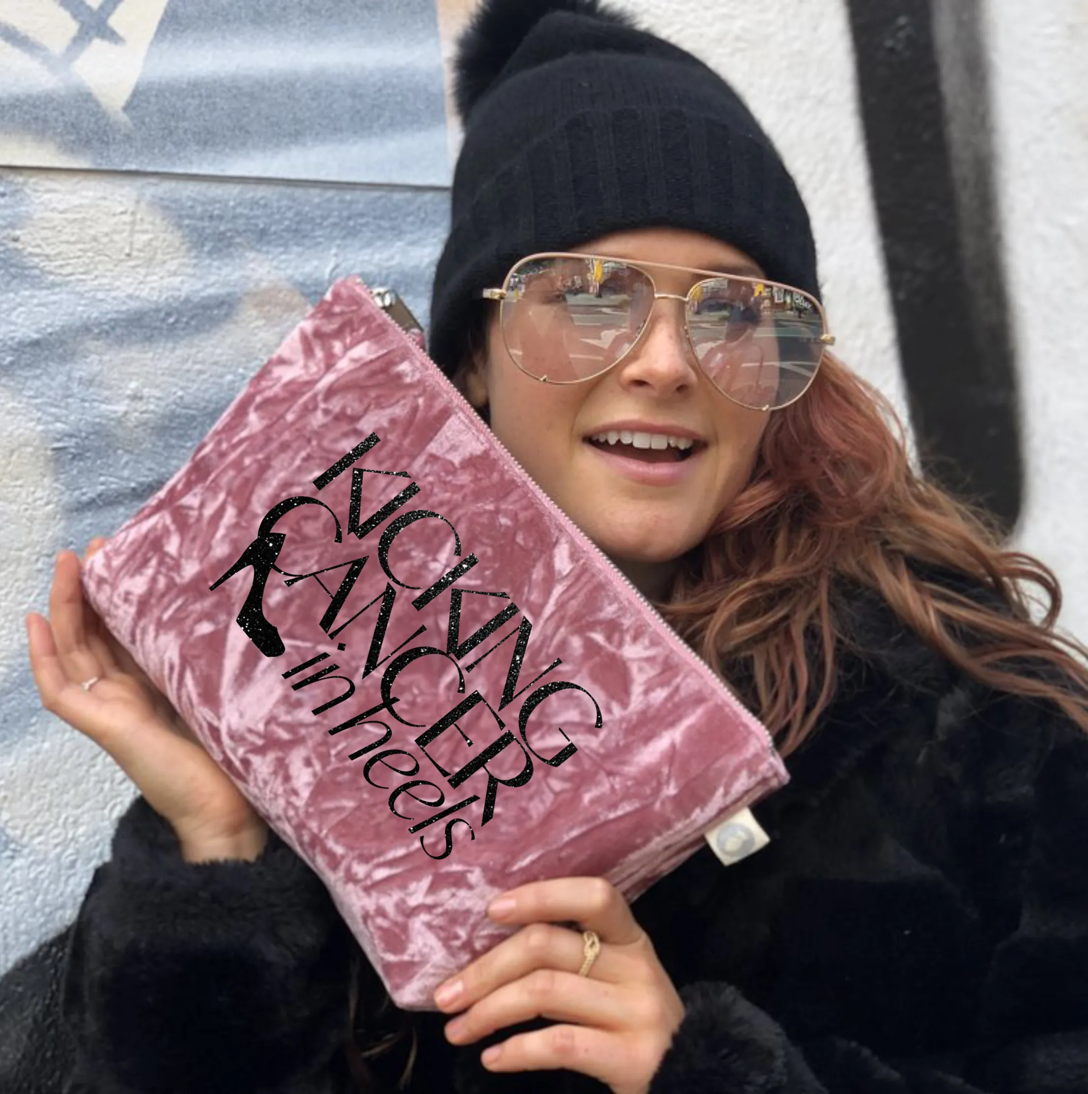 Kicking Cancer in Heels Clutch Bag- Black Glitter on Petal Pink Velvet