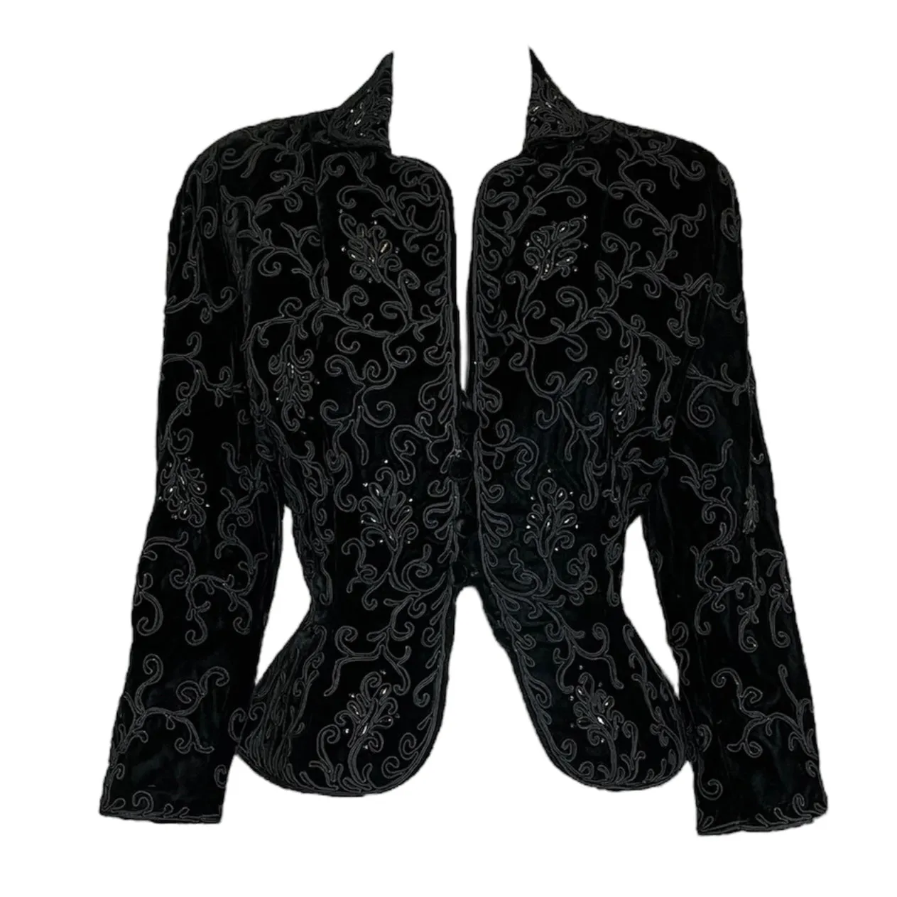 Late 1940s/Early 1950s Black Silk Velvet Blazer Heavily Embellished w/Soutache