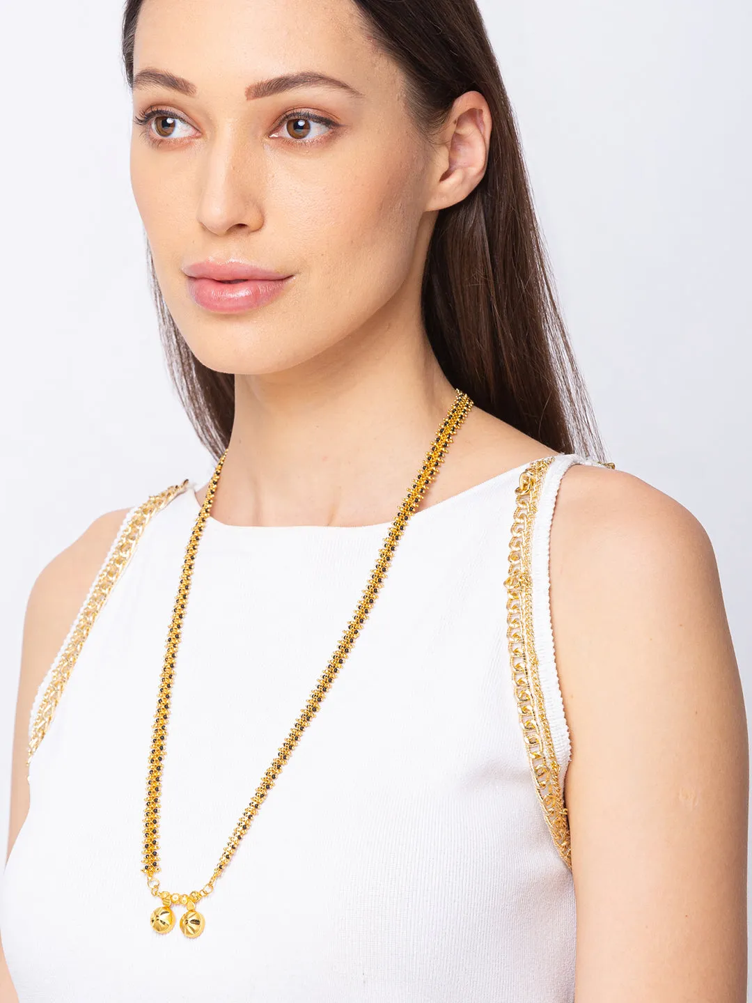 Long Mangalsutra Designs Gold Plated Double Vati Pattern With Black Gold Beads Chain Mangalsutra