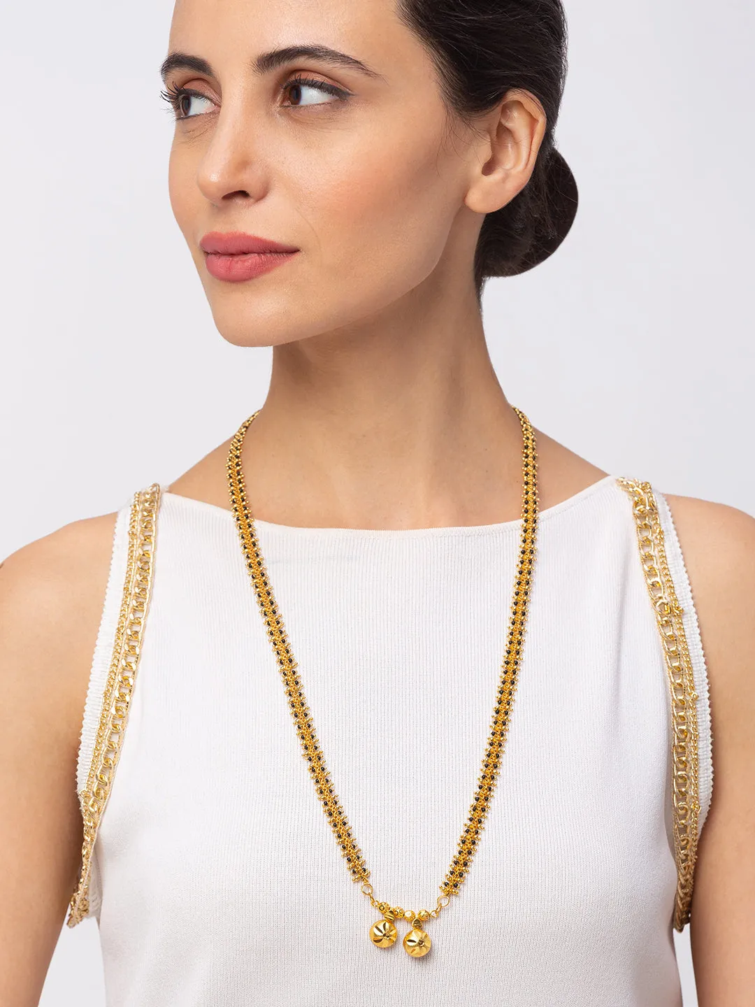 Long Mangalsutra Designs Gold Plated Double Vati Pattern With Black Gold Beads Chain Mangalsutra
