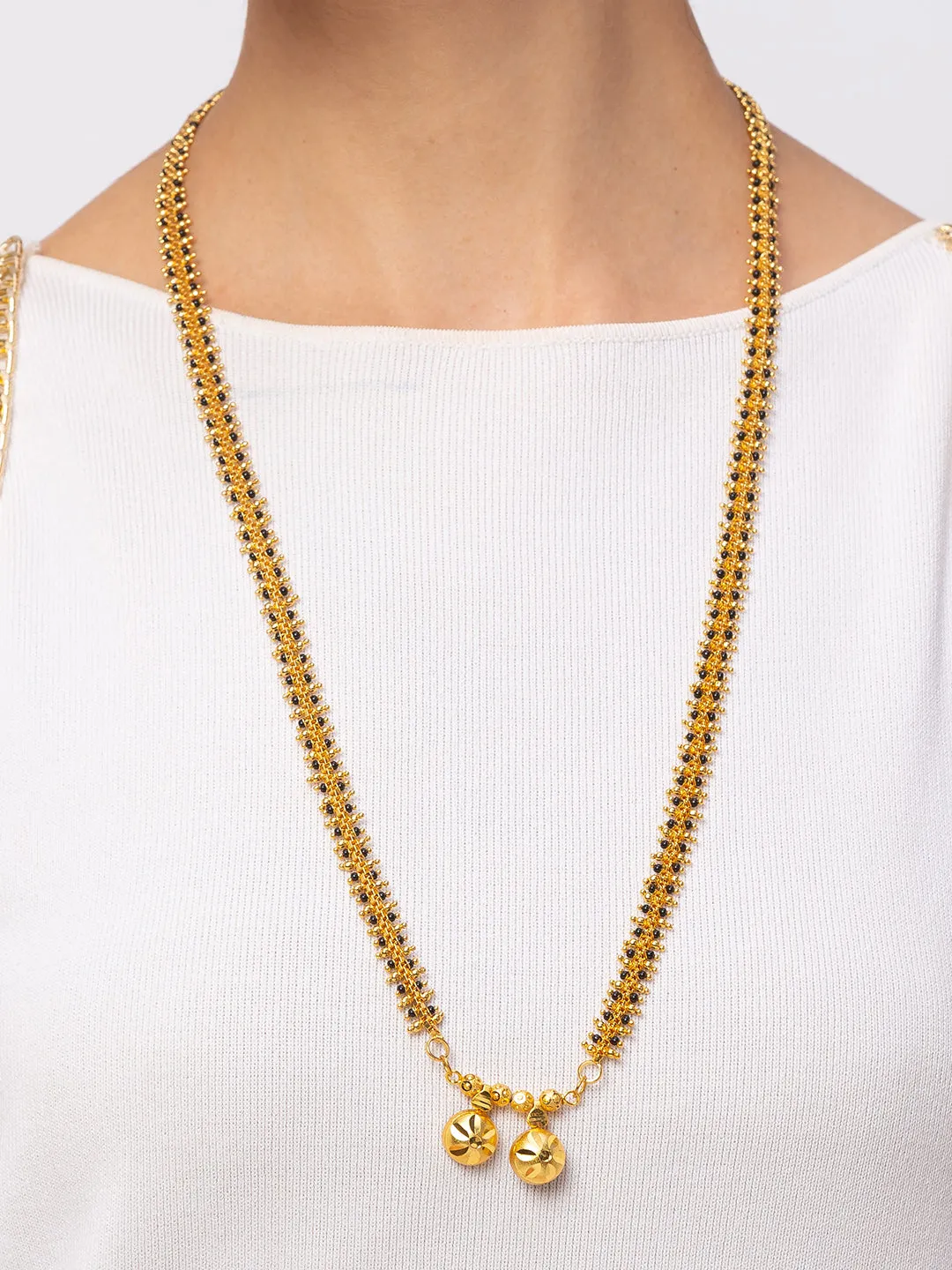 Long Mangalsutra Designs Gold Plated Double Vati Pattern With Black Gold Beads Chain Mangalsutra