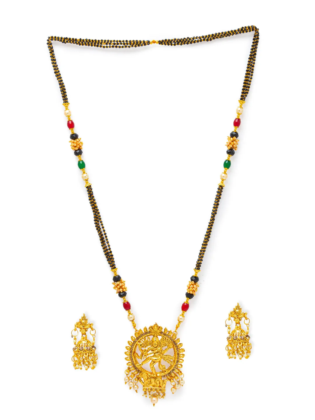 Long Mangalsutra Designs Gold Plated Nataraja Pendant With Pearls & Multicolor Beads with Earrings