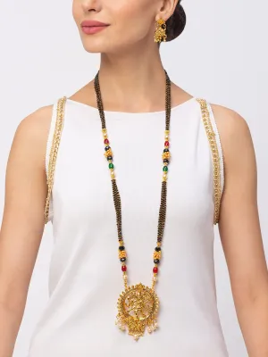 Long Mangalsutra Designs Gold Plated Nataraja Pendant With Pearls & Multicolor Beads with Earrings