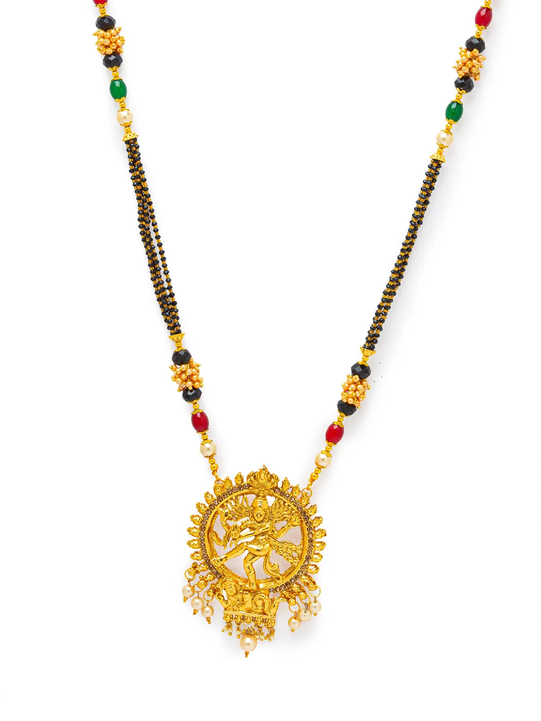 Long Mangalsutra Designs Gold Plated Nataraja Pendant With Pearls & Multicolor Beads with Earrings