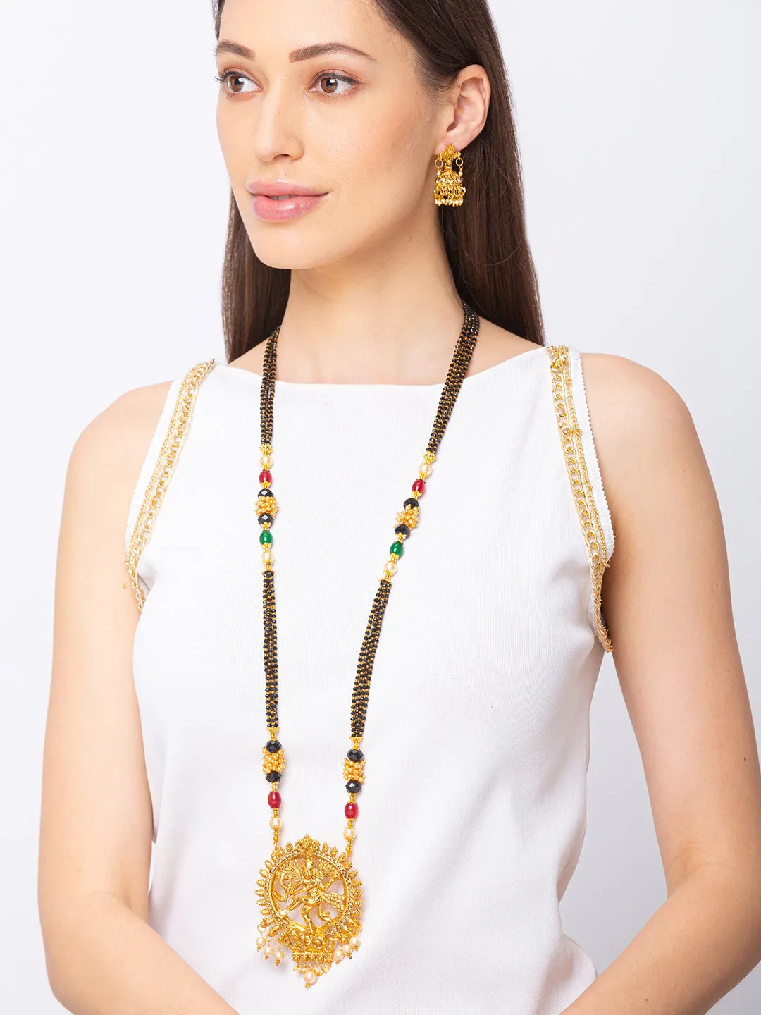Long Mangalsutra Designs Gold Plated Nataraja Pendant With Pearls & Multicolor Beads with Earrings