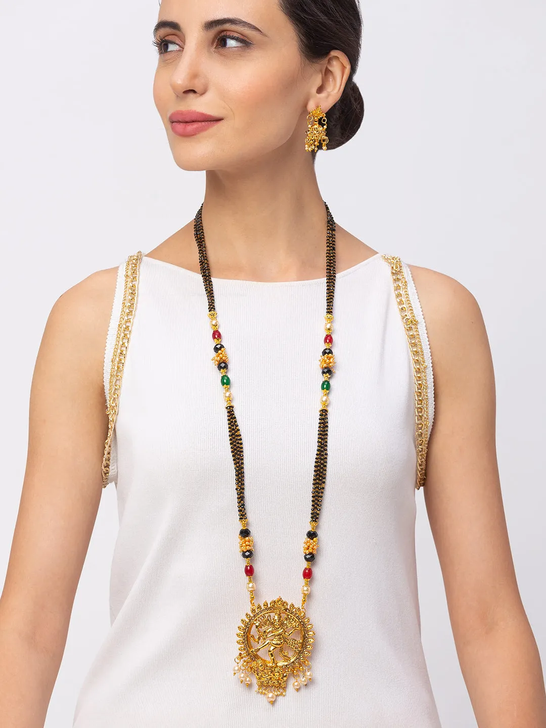 Long Mangalsutra Designs Gold Plated Nataraja Pendant With Pearls & Multicolor Beads with Earrings