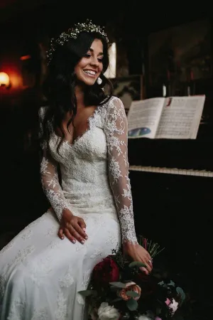 Mermaid V Neck Wedding Dress Long Sleeve Lace Bridal Gown APW0416