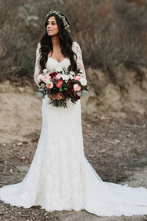 Mermaid V Neck Wedding Dress Long Sleeve Lace Bridal Gown APW0416