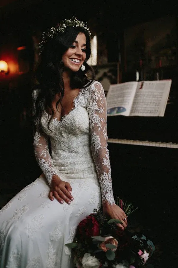 Mermaid V Neck Wedding Dress Long Sleeve Lace Bridal Gown APW0416