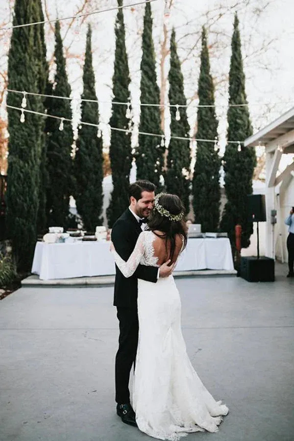 Mermaid V Neck Wedding Dress Long Sleeve Lace Bridal Gown APW0416