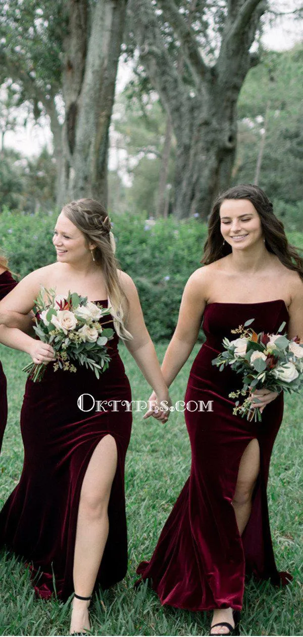 Mismtached Burgundy Velvet Mermaid Long Cheap Bridesmaid Dresses, BDS0072