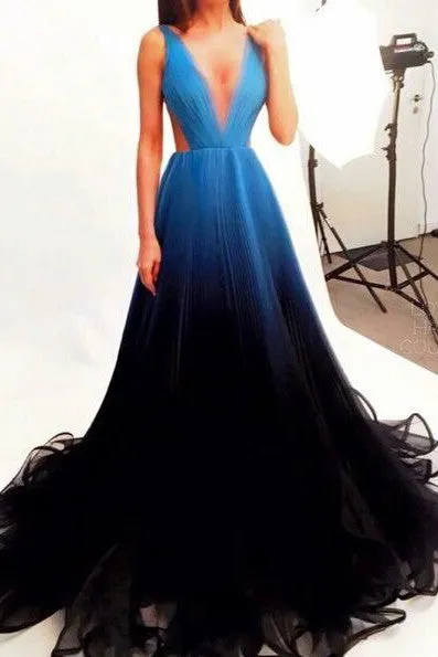 new Black Blue Gradient Tulle Long Evening Party Dress,A Line V-neck Prom Dress OK245