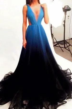 new Black Blue Gradient Tulle Long Evening Party Dress,A Line V-neck Prom Dress OK245