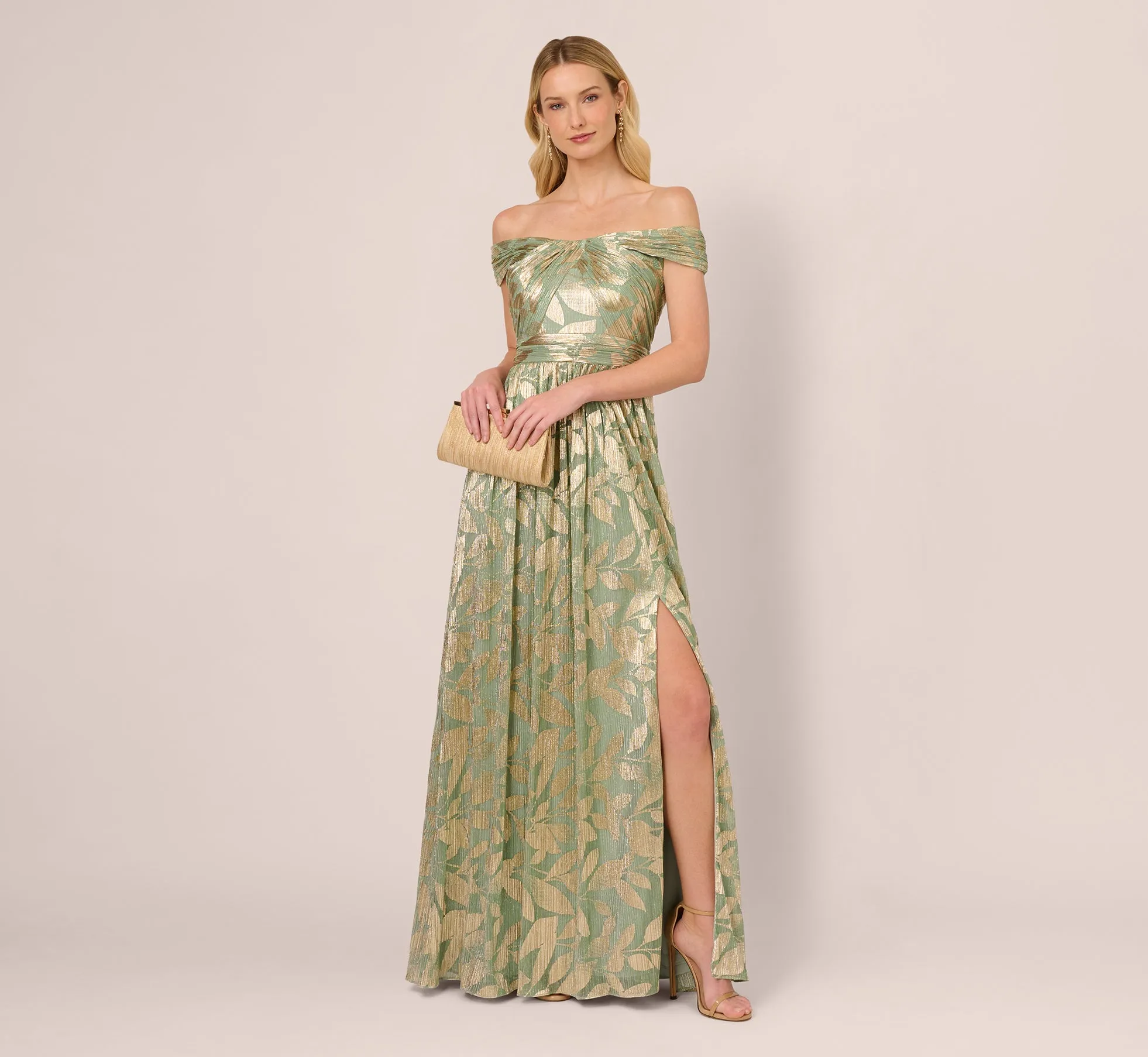 Off Shoulder Foil Leaf Crinkle Gown In Sage Gold